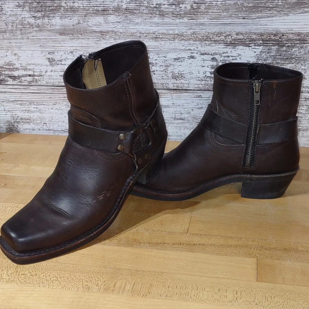 Frye Dark Brown Leather Harness Ankle Booties